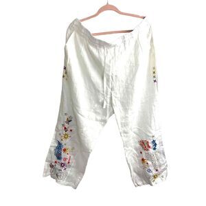 Johnny Was Biya Womens‎ White Linen Embroidered Drawstring Pants Size XL Summer